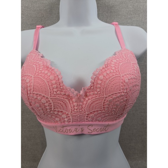 Victoria's Secret Other - Victorias Secret Lined No Wire Wireless Bra 34D Pink All Over Lace Logo NEW